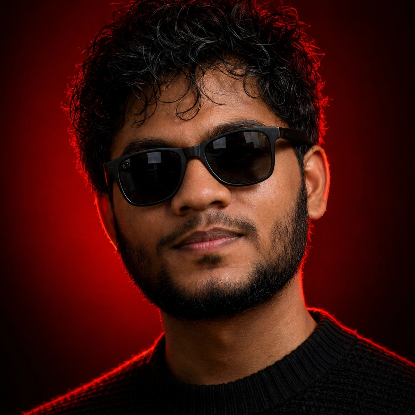 Ayeen in black sunglasses, lit by a red studio light