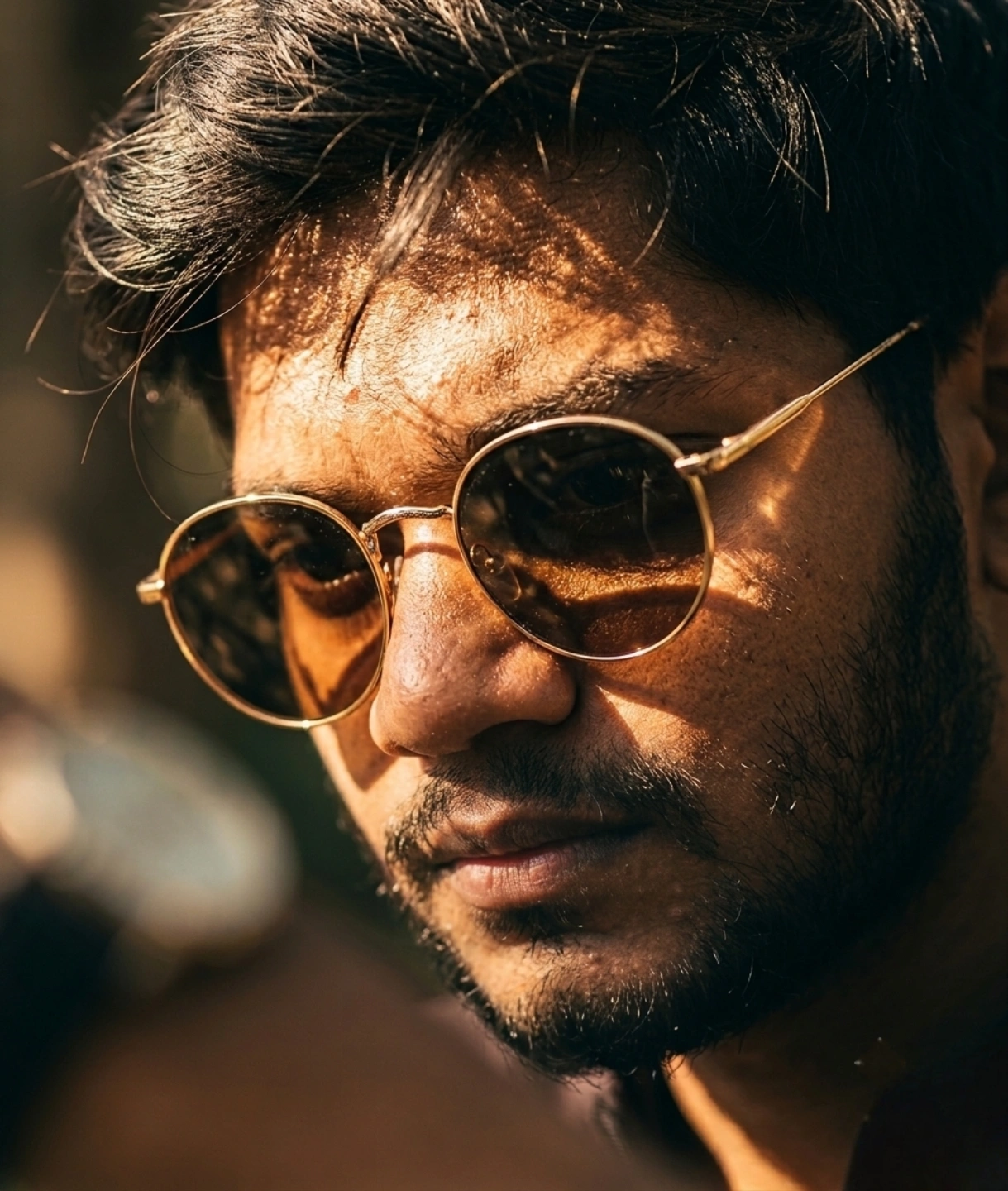 Ayeen wearing round sunglasses in warm afternoon sunlight